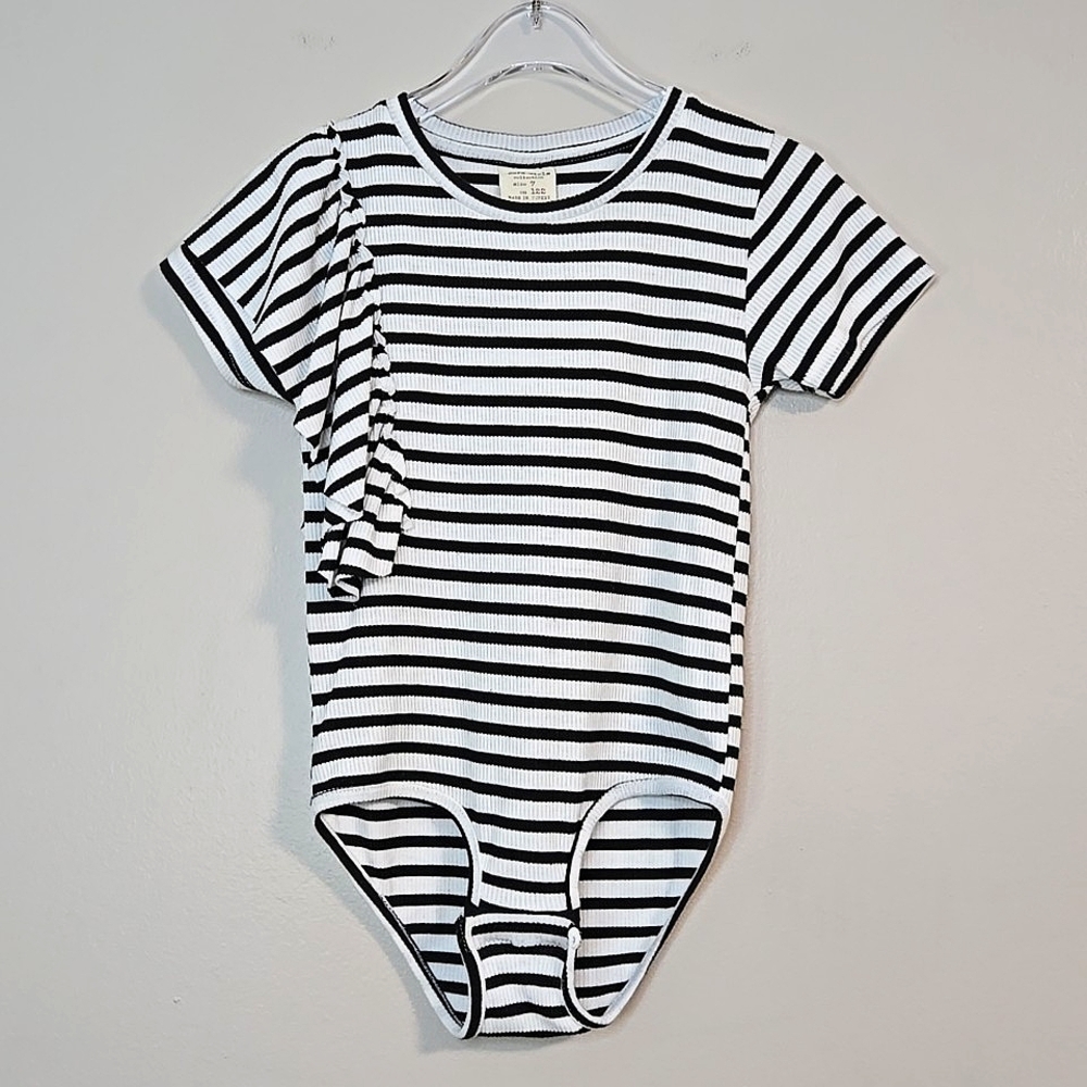 Zara Girls Black & White Striped Bodysuit W/ Ruffle Detail, Size 7 ~ EUC